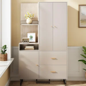 Garderobeset 110x38x186 cm – 3 deuren en 2 laden – Met kleerhanger – Open planken – Beige en grijs Garderobeset 110x38x186 cm – 3 deuren en 2 laden – Met kleerhanger – Open planken – Beige en grijs