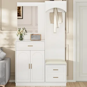 Garderobeset 110x33x185,5 cm – 3 deuren en 1 lade – Schoenmeubel en schoenbank – met spiegel – Wi Garderobeset 110x33x185,5 cm – 3 deuren en 1 lade – Schoenmeubel en schoenbank – met spiegel – Wi