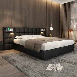 Gepolsterd bed 180 x 200 cm met hydraulische opbergruimte, USB-poort en draadloos opladen, zwart Gepolsterd bed 180 x 200 cm met hydraulische opbergruimte, USB-poort en draadloos opladen, zwart