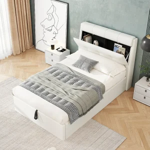 Elegante gestoffeerde bed, 90×200 cm, wit, met ladder en verborgen opbergruimte, hydraulisch bedframe, geïntegreerd hoofdeinde