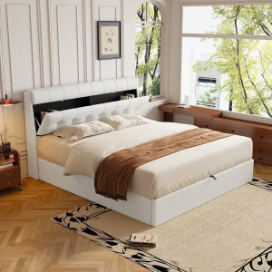 Elegante gestoffeerd bed 140×200 cm, hydraulisch bedframe, verborgen opbergruimte, PU, met lattenbodem