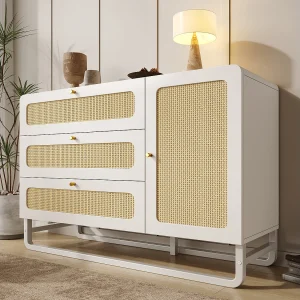 Dressoir met rotan en gouden handgrepen – met 3 lades en 1 deur – 120 x 40 x 85 cm – hout + metaal – wit