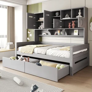 Eenpersoons grijze houten slaapbank 90x200cm met 2 lades, 4 deuren en opbergruimte, zonder matras Eenpersoons grijze houten slaapbank 90x200cm met 2 lades, 4 deuren en opbergruimte, zonder matras