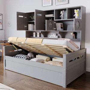 Eenpersoonsbed grijs 90x200cm met 4 deuren en opbergruimte, zonder matras Eenpersoonsbed grijs 90x200cm met 4 deuren en opbergruimte, zonder matras