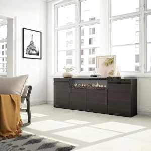 Dressoir, Opbergkast, 200x35x75cm, 4 Deuren, Elektrische haard, Zwart Dressoir, Opbergkast, 200x35x75cm, 4 Deuren, Elektrische haard, Zwart