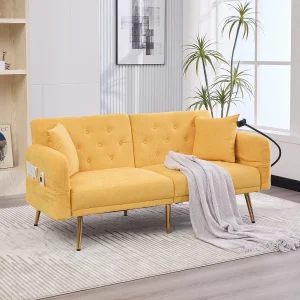 Gele 2-zits slaapbank met 2 USB-poorten, telefoonhouder en zijvakken 173x78X78cm Gele 2-zits slaapbank met 2 USB-poorten, telefoonhouder en zijvakken 173x78X78cm