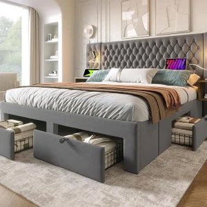 Fluwelen bed voor volwassenen 160×200 cm – met 2 nachtkastjes en 4 laden – 2 leeslampjes met USB-aansluiting – Grijs (matras niet inbegrepen) Fluwelen bed voor volwassenen 160×200 cm – met 2 nachtkastjes en 4 laden – 2 leeslampjes met USB-aansluiting – Grijs (matras niet inbegrepen)