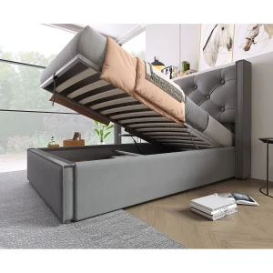 Eenpersoons hydraulisch bed 90×200 cm, metalen frame, met lattenbodem en opbergruimte, katoen grijs, modern ontwerp Eenpersoons hydraulisch bed 90×200 cm, metalen frame, met lattenbodem en opbergruimte, katoen grijs, modern ontwerp