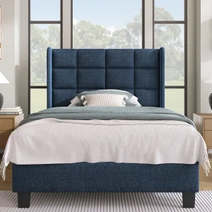 Eenpersoonsbed van blauw linnen 90×200 cm met een gestoffeerde hoofdbord en lattenbodem, modern ontwerp Eenpersoonsbed van blauw linnen 90×200 cm met een gestoffeerde hoofdbord en lattenbodem, modern ontwerp