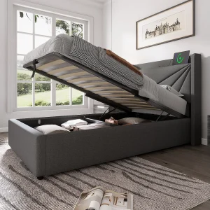 Eenpersoonsbed 90×200 cm grijs met opbergruimte en USB-C oplaadfunctie, modern hoofdeinde