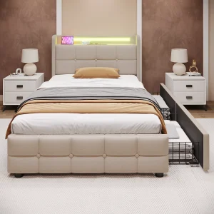 Eenpersoonsbed 90×200 cm beige met USB-aansluitingen, LED-verlichting en 2 opberg lades Eenpersoonsbed 90×200 cm beige met USB-aansluitingen, LED-verlichting en 2 opberg lades