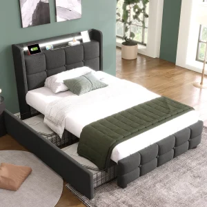 Eenpersoonsbed 90×200 cm grijs met LED-verlichting, USB-aansluitingen en 2 opbergladen
