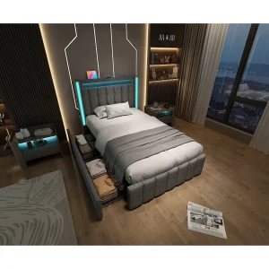 Eenpersoonsbed 90×200 cm in grijs met USB-oplaadfunctie en LED-verlichting, 2 opbergladen