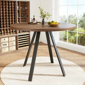 Eettafel van notenhout – Eettafel met MDF-blad en zwarte metalen poten – patroondecoratie Eettafel van notenhout – Eettafel met MDF-blad en zwarte metalen poten – patroondecoratie