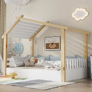 Eenpersoonsbed 90 x 200 cm – Kinderbed in blokhutstijl – wit hout – matras niet inbegrepen Eenpersoonsbed 90 x 200 cm – Kinderbed in blokhutstijl – wit hout – matras niet inbegrepen