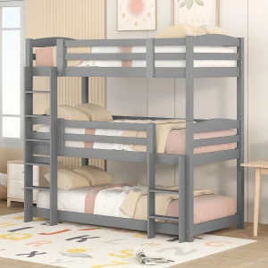 Driepersoons stapelbed 90 x 200 cm – Kinderbed met trap en veiligheidshekje – grijs hout – matras niet inbegrepen