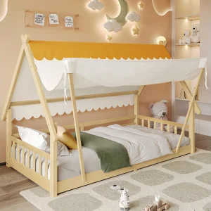 Eenpersoonsbed 90 x 200 cm – Kinderbed met barrière en tent – blokhutdesign – matras niet inbegrepen Eenpersoonsbed 90 x 200 cm – Kinderbed met barrière en tent – blokhutdesign – matras niet inbegrepen
