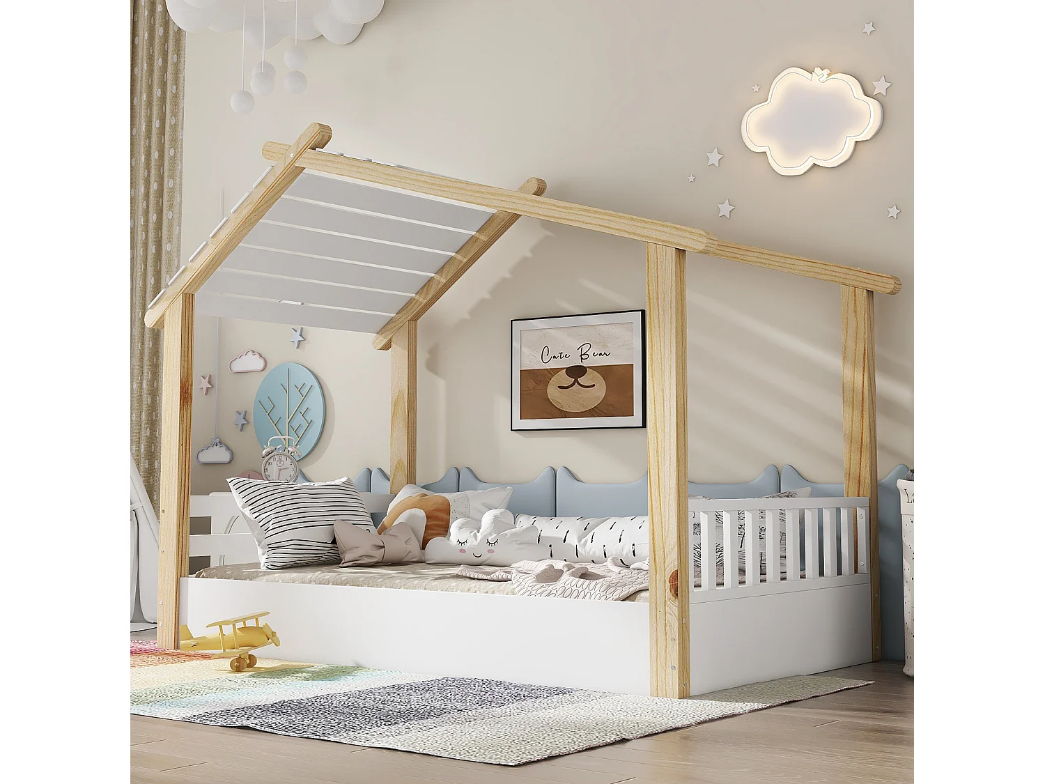 Eenpersoonsbed 90 x 190 cm - Kinderbed in blokhutstijl - wit hout - matras niet inbegrepen