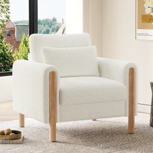 Fauteuil blanc – Fauteuil avec dossier et accoudoirs – pieds et coussins en bois – velours teddy