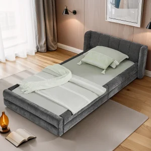 Eenpersoonsbed 90 x 200 cm – Kinderbed met zachte rugleuning – grijze chenillestof – matras niet inbegrepen Eenpersoonsbed 90 x 200 cm – Kinderbed met zachte rugleuning – grijze chenillestof – matras niet inbegrepen