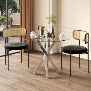 Eettafelset met 2 stoelen – Helder glazen tafel en zwarte stoelen – Zilveren poten Eettafelset met 2 stoelen – Helder glazen tafel en zwarte stoelen – Zilveren poten