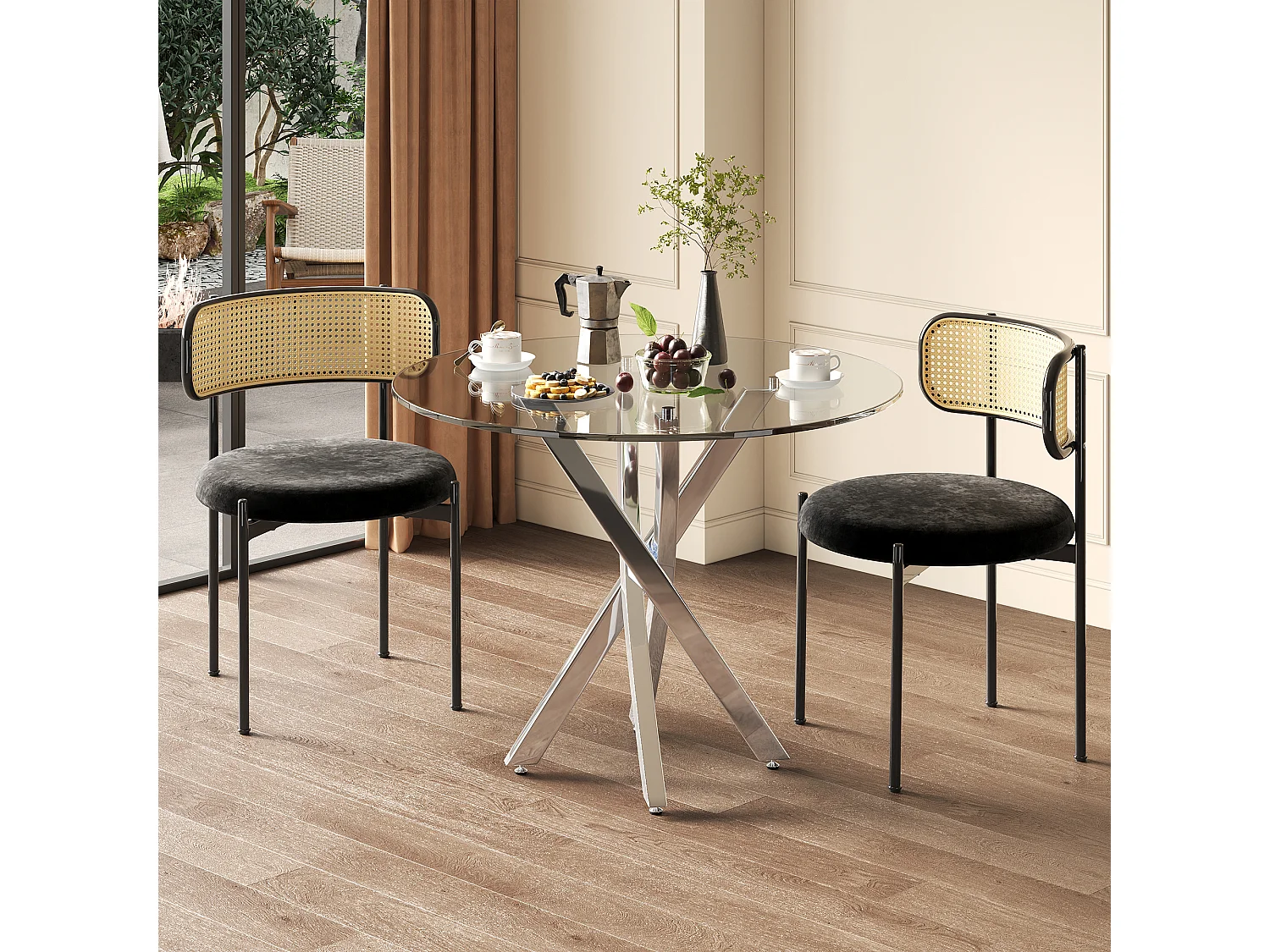 Eettafelset met 2 stoelen - Helder glazen tafel en zwarte stoelen - Zilveren poten