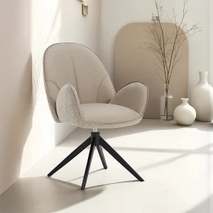 Eetkamerstoel 60x90x59 cm Beige Modern Eierstoel Bouclé Leer Eetkamerstoel 60x90x59 cm Beige Modern Eierstoel Bouclé Leer