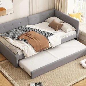 Fluweel gestoffeerde slaapbank 90x200cm + een onderschuifbed 90x190cm – Grijs Fluweel gestoffeerde slaapbank 90x200cm + een onderschuifbed 90x190cm – Grijs
