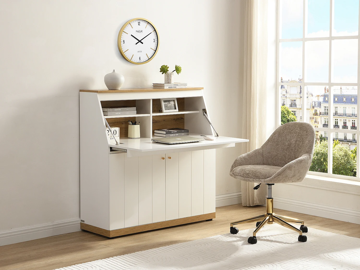 Secretaire van mdf in wit en naturel - DUTASI