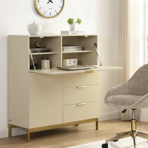 Secretaire met 2 deuren en 3 laden van MDF en metaal in beige – ERWIN