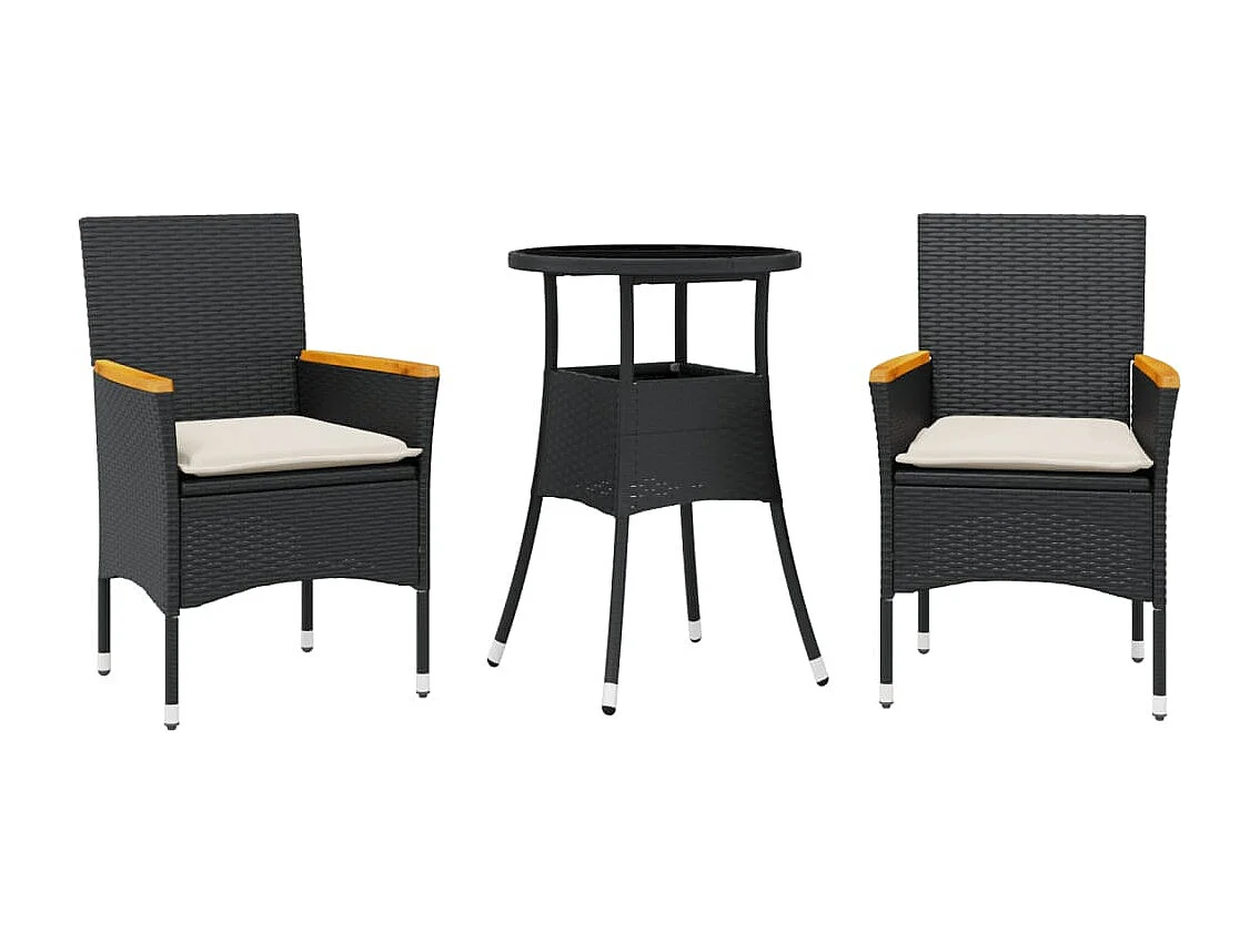 Eudes 3-delige Tuinset met kussens poly rattan en glas zwart