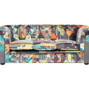 Driezitsbank stof patchwork groen/geel CHESTERFIELD Driezitsbank stof patchwork groen/geel CHESTERFIELD