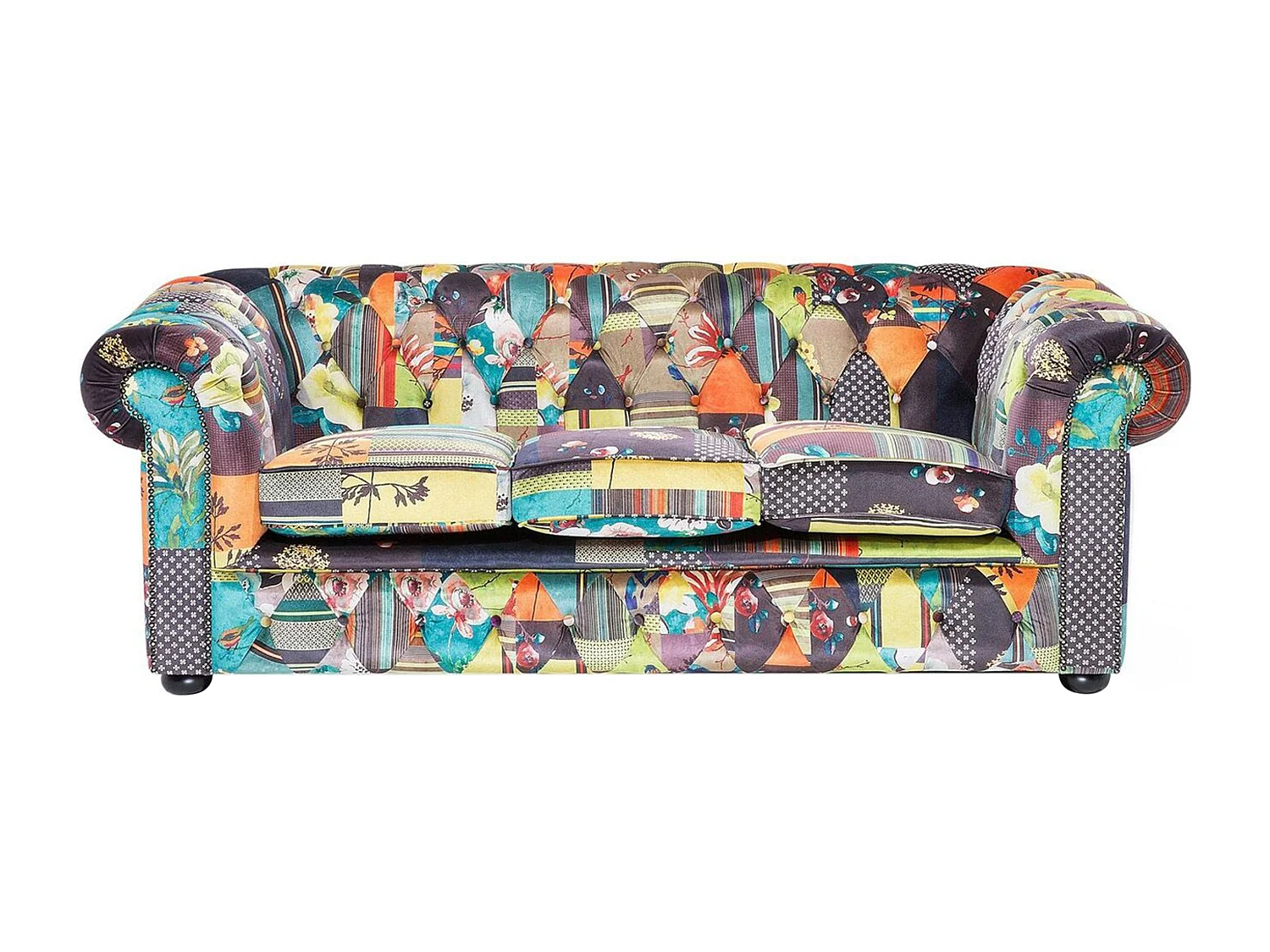 Driezitsbank stof patchwork groen/geel CHESTERFIELD