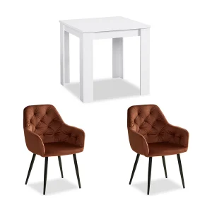 Eettafel 80×80 cm wit met eettafelstoelen bruin fluweel