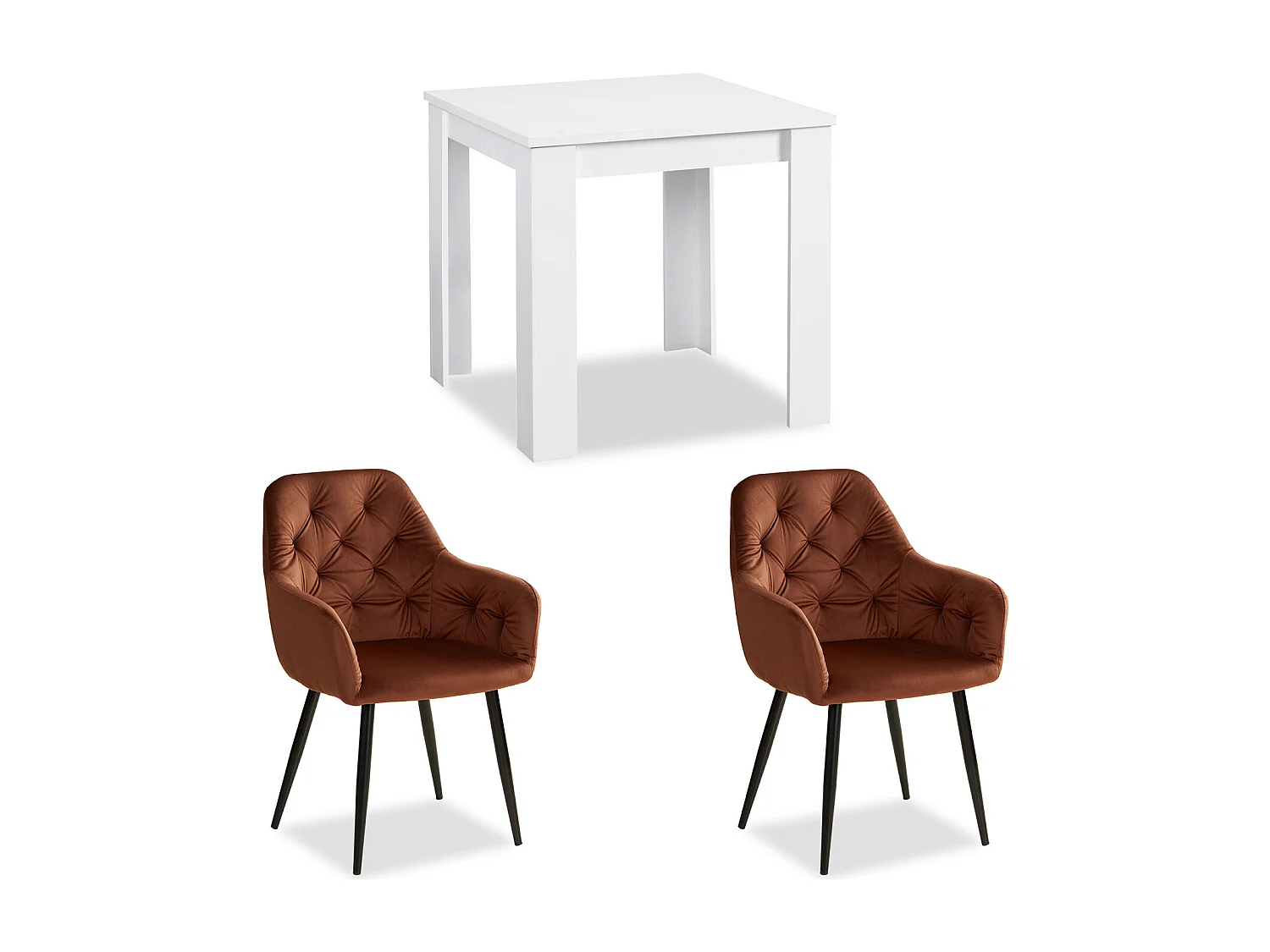 Eettafel 80x80 cm wit met eettafelstoelen bruin fluweel