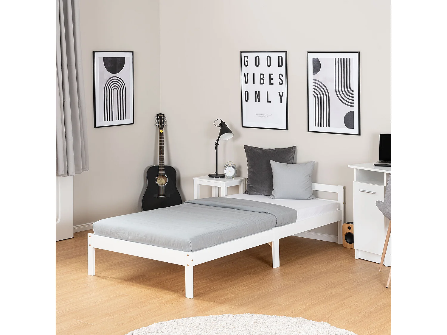 Eenpersoonsbed 90x200 cm wit massief dennenhouten frame bed