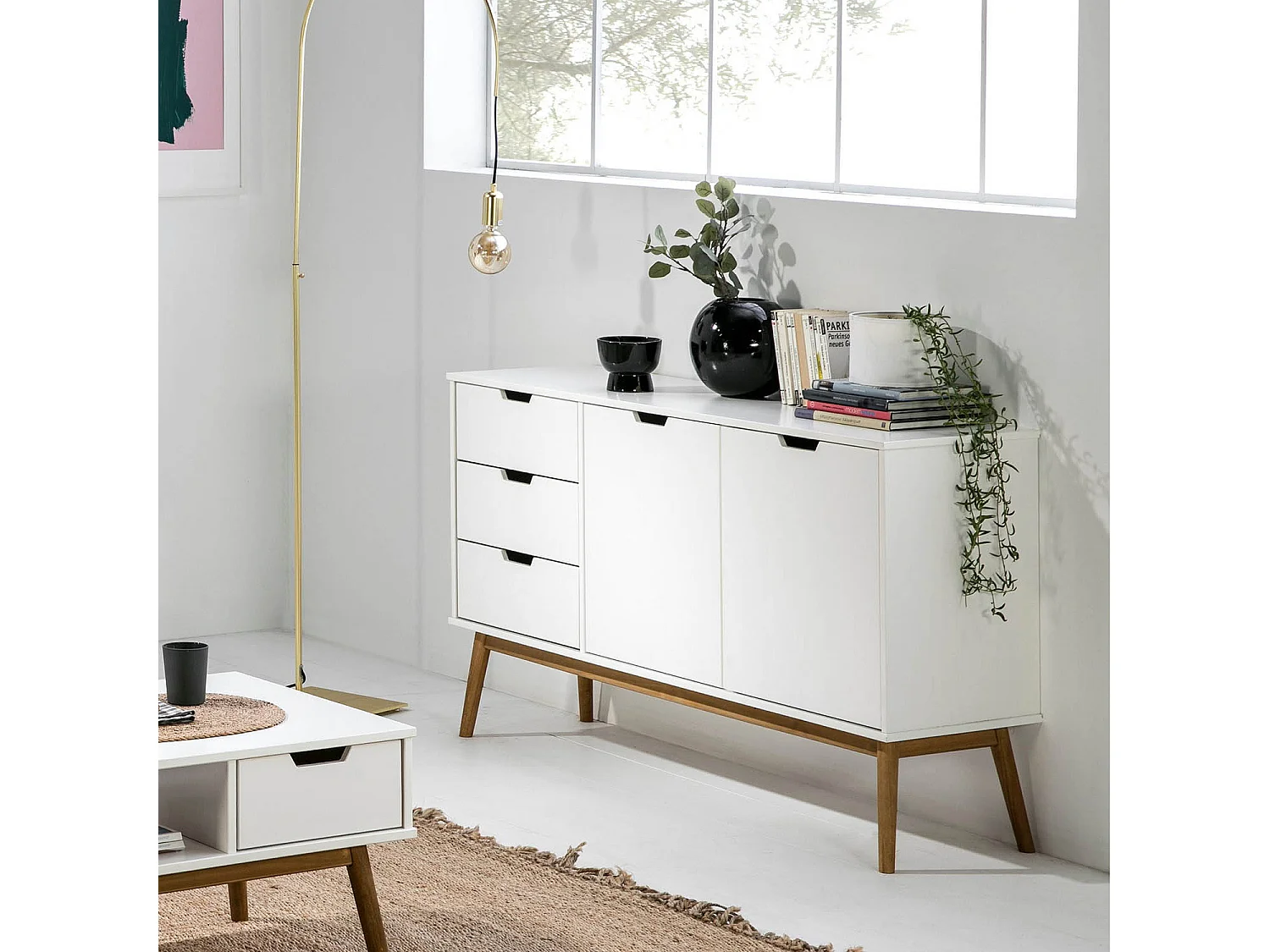 Dressoir Baku 3 laden en 2 deuren wit, massief grenenhout