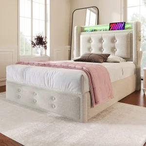 Eenpersoonsbed 90×200 cm in beige met LED-hoofdeinde en USB-aansluitingen, praktische opbergruimte Eenpersoonsbed 90×200 cm in beige met LED-hoofdeinde en USB-aansluitingen, praktische opbergruimte