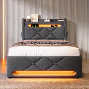 Eenpersoonsbed 90×200 cm, grijs, met opberghoofdeksel en USB-poorten, 360° LED-verlichting Eenpersoonsbed 90×200 cm, grijs, met opberghoofdeksel en USB-poorten, 360° LED-verlichting