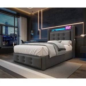 Eenpersoonsbed 90×200 cm in grijs met LED-hoofdeinde en geïntegreerde USB-aansluitingen, praktische opbergruimte