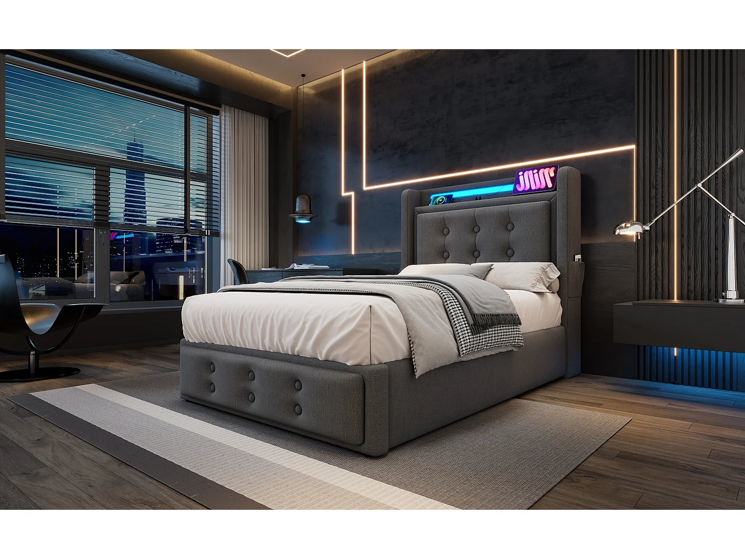 Eenpersoonsbed 90×200 cm in grijs met LED-hoofdeinde en geïntegreerde USB-aansluitingen, praktische opbergruimte