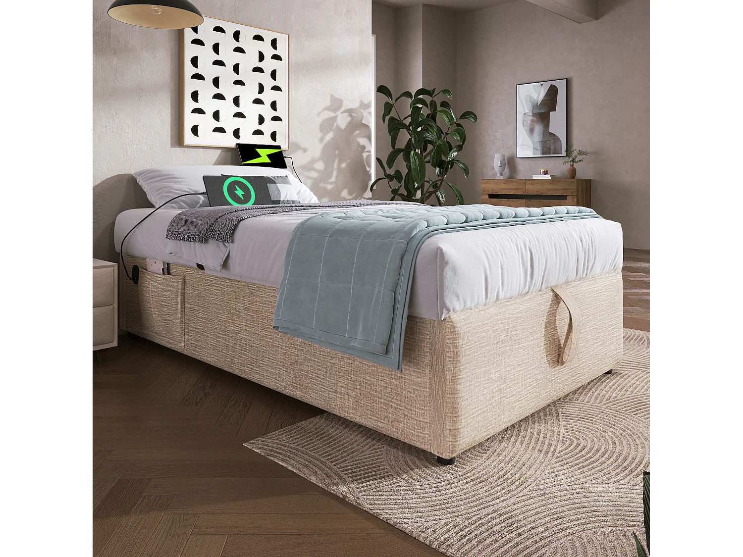Eenpersoonsbed 90×190 cm, bed met hydraulische opbergruimte, USB-C, van natuurlijk linnen, zonder hoofdeinde