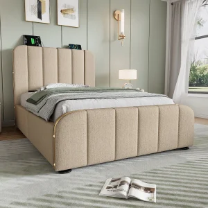 Eenpersoonsbed 90×200 cm van beige linnen met een gestoffeerde hoofdbord en ingebouwde USB-poorten Eenpersoonsbed 90×200 cm van beige linnen met een gestoffeerde hoofdbord en ingebouwde USB-poorten