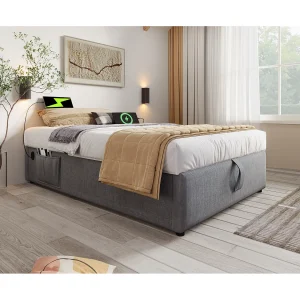 Eenpersoonsbed 90×190 cm, bed met hydraulische opbergruimte, USB-C, massief houten frame, grijs
