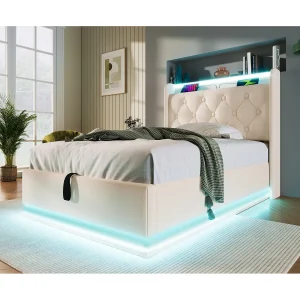 Eenpersoonsbed 90×200 cm van wit PU met 360° LED-verlichting, gestoffeerde hoofdbord en USB Eenpersoonsbed 90×200 cm van wit PU met 360° LED-verlichting, gestoffeerde hoofdbord en USB