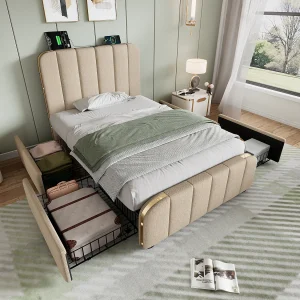 Eenpersoonsbed 90×200 cm van beige linnen met een gestoffeerde hoofdbord en 4 praktische lades Eenpersoonsbed 90×200 cm van beige linnen met een gestoffeerde hoofdbord en 4 praktische lades