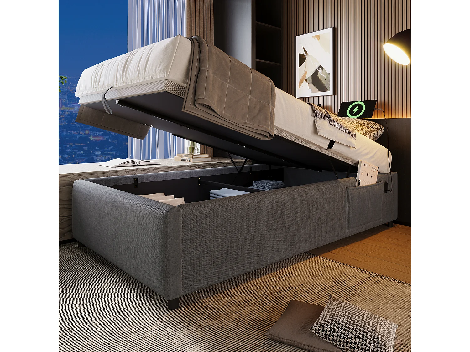 Eenpersoonsbed 90×200 cm, bed met hydraulische opbergruimte, USB-C, in grijs katoen, zonder hoofdeinde