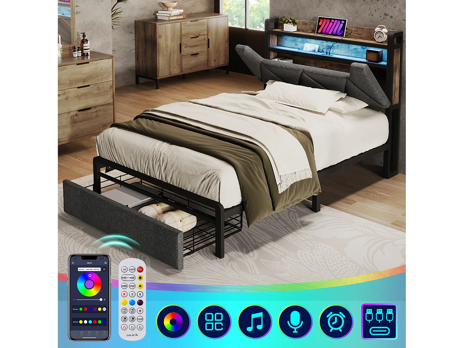 Eenpersoonsbed 90×200 cm in grijs met opbergkop, USB-poorten en LED-verlichting