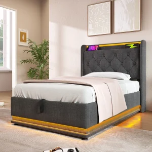 Eenpersoonsbed 90×200 cm in grijs linnen met 360° LED-verlichting en geïntegreerde USB-aansluiting