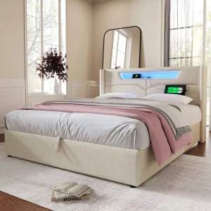 Dubbelbed van beige linnen 140×200 cm met LED-verlichting en USB-oplaadstation Dubbelbed van beige linnen 140×200 cm met LED-verlichting en USB-oplaadstation